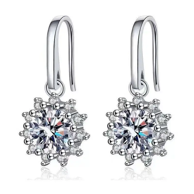 925 Silver Sunflower Halo Dangle Hook Earrings Round Cut D VVS1 Multi Color Moissanite Wedding Party Gift Fine Jewelry For Women