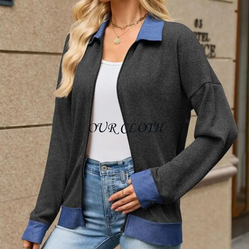 Womens Zip Up Knit Trim Lapel Collar Long Sleeve Cardigan | Chambray contrast, buttoned cuffs and hem. Relaxed d Y1AC
