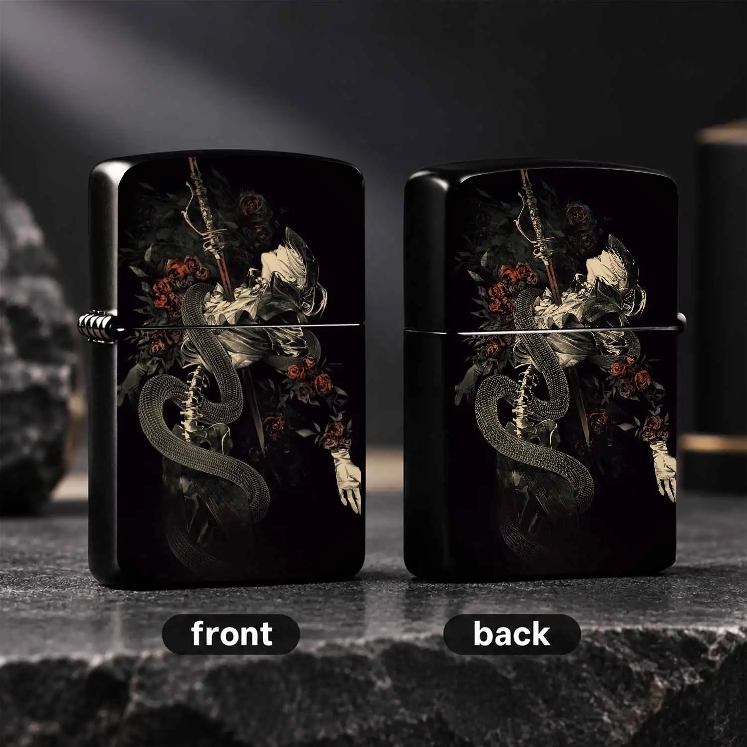 Vintage Dark Style Hunter Rose Snake Pattern Lighter Art Game Themed Printed Durable Housing Windproof Portable Lighter Unique Aesthetic Collectible Gift for Boyfriend Outdoor Daily Use A Fun and Humorous Lighter