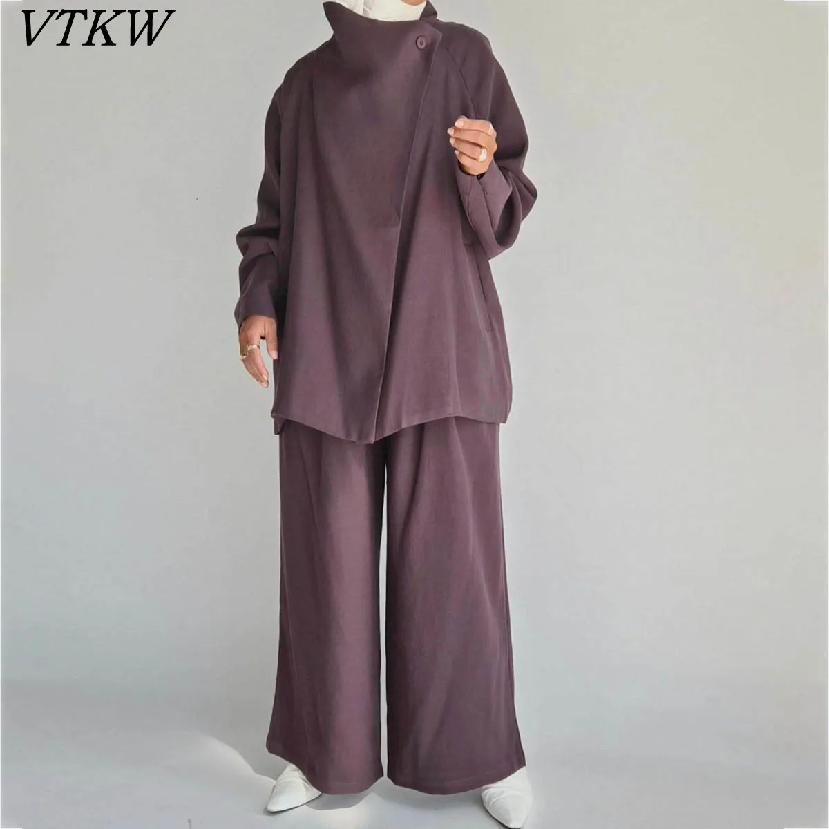 

VTKW Woman's Button-down Pure-color Stand-up Collar Two-button Design 2025 Spring High-quality Long Coat Two-piece Set