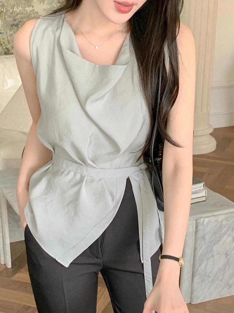 

Ele Svel irt Women's Summer New Sle Waist-Cinching Tassel-Trimmed Stand Collar Asymmetrical Chic Blouse