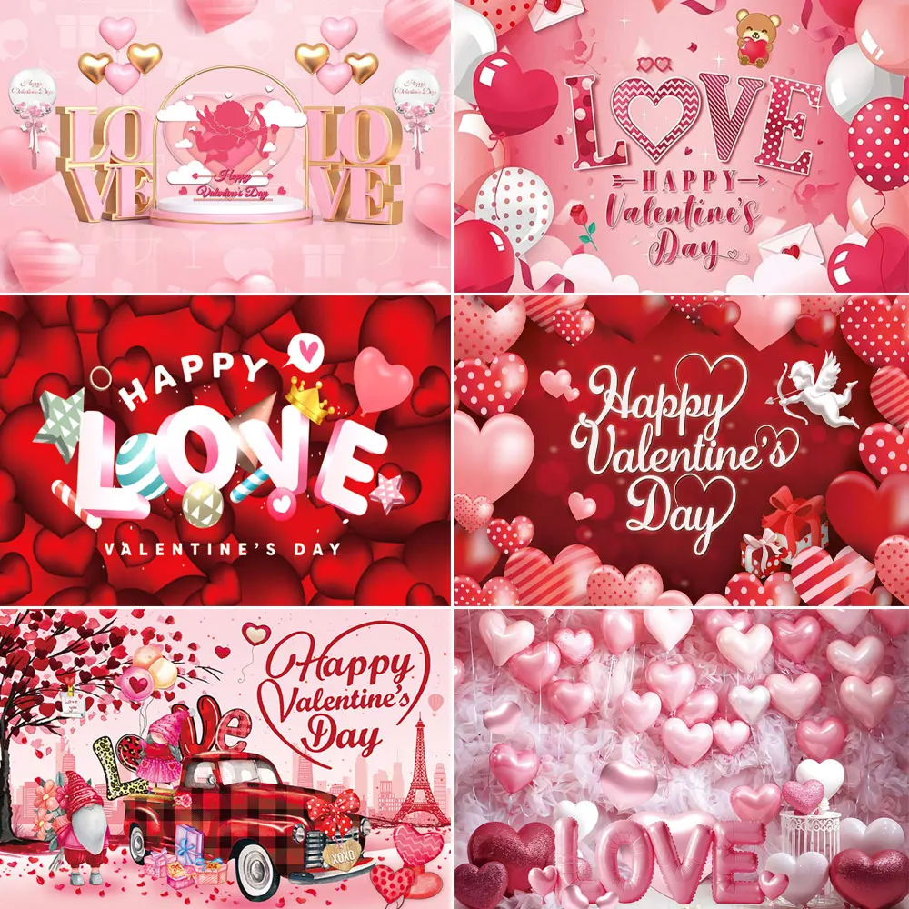 

Valentines Day Theme Backdrop Pink Brick Wall Red Rose Flower Love Heart Balloon Party Decoration Portrait Photo Booth Props