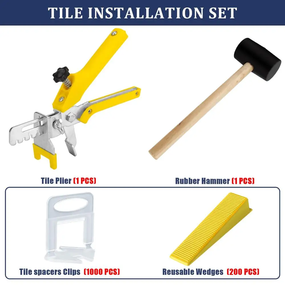 Tile Leveling System Set with Plier Rubber Mallet 1000 Spacers Clips & 200 Reusable Wedges Ideal DIY & Professional Tile