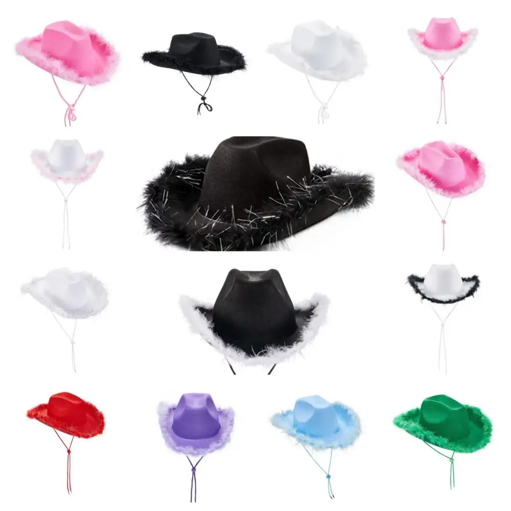 Casual Solid Color Western Cowboy Hat Furry Trim Ethnic Style Cowgirl Hat Cap Sunscreen Top Hat Disco Party 5