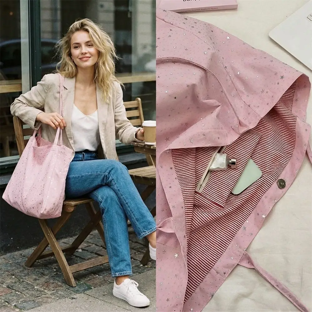 

Сумка-тоут в корейском стиле с блестками и звездами, большая вместительная простая холщовая сумка через плечо, модная сумка с принтом звезд и блестками для офисных работников