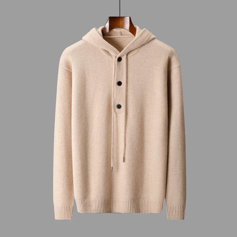 

Мужские толстовки, свитер, пуловер на пуговицах из 100% мериносовой шерсти, осень-зима, повседневный толстый кашемировый трикотаж, популярная одежда, топ с капюшоном