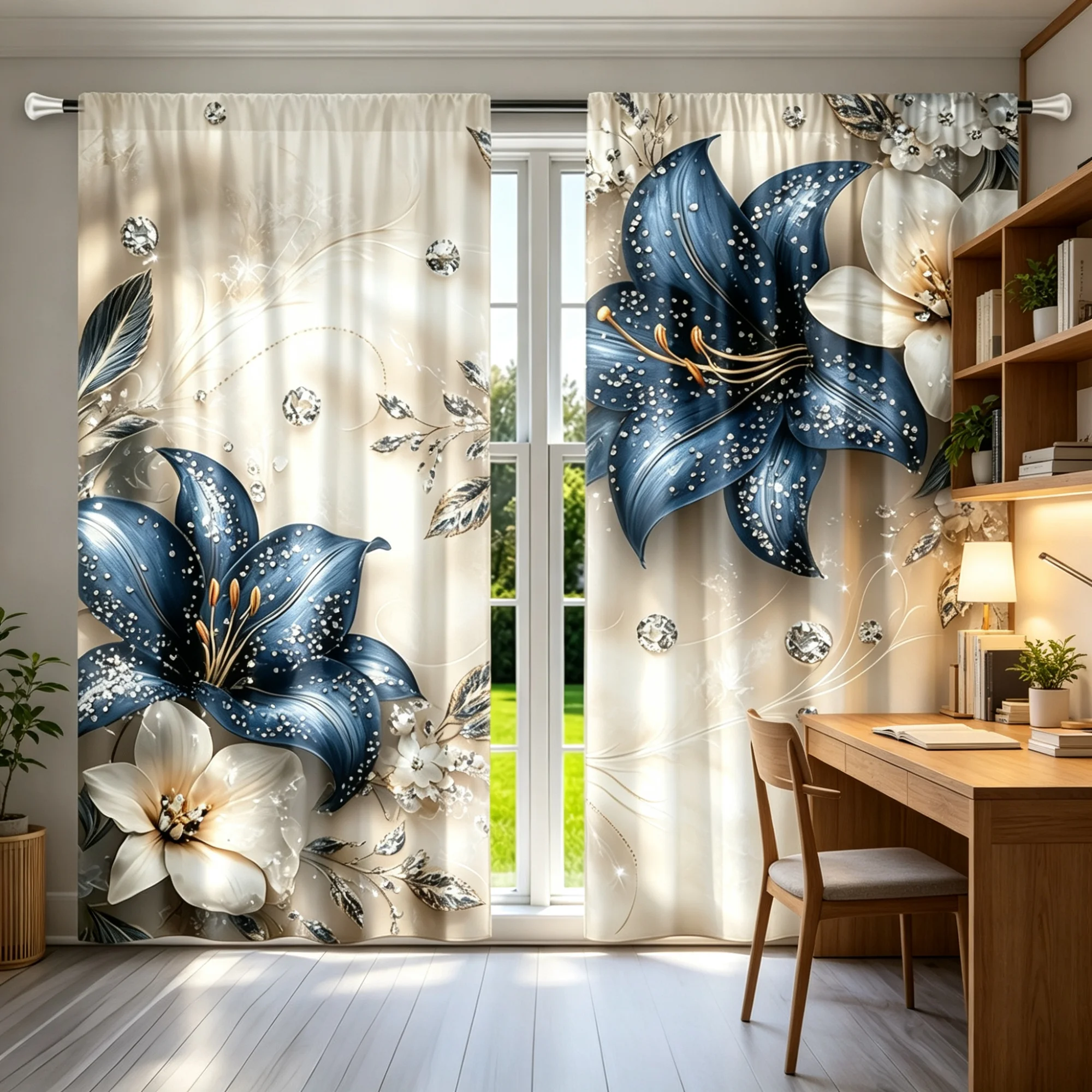 2D flat. 2pc luxury jewelry lily curtain set, holiday decoration, high-quality room decoration, curtains