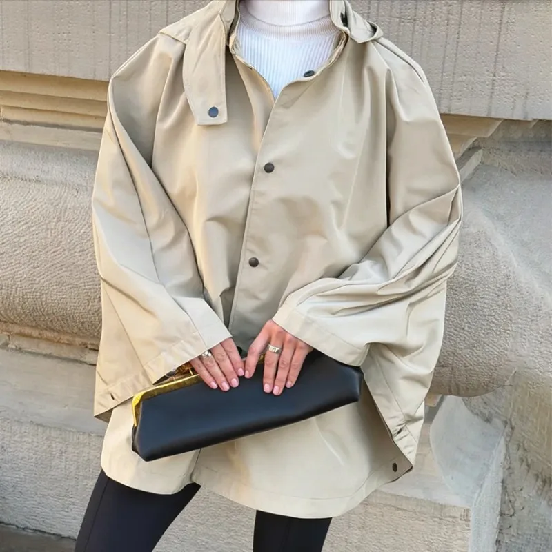Women Hooded Cape Cloak Trench Coat Stand Collar Windproof Draped Loose Poncho Fall Winter 2026 New Chic Trendy Streetwear Warm