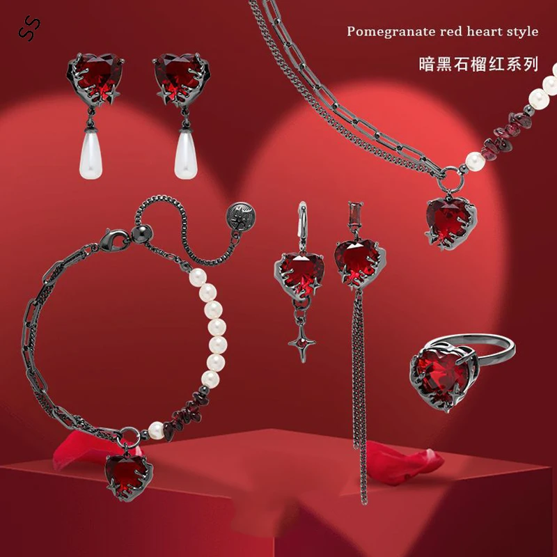 Pomegranate Red Heart Earrings Necklace Bracelet and Ring Fashionable & Trendy Affordable Jewelry Set Personalized Accessories