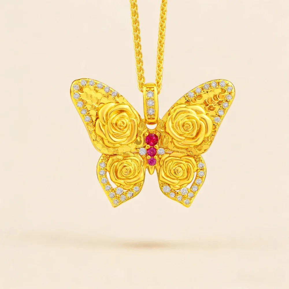 Burst flash point drill broken ice ice rose butterfly pendant women light luxury 9999gold