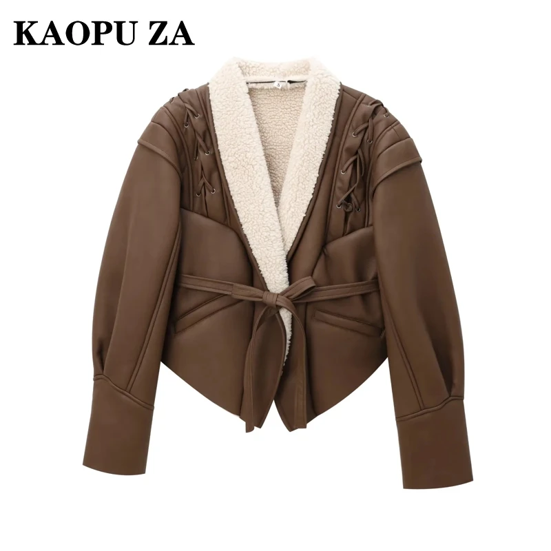 

KAOPU ZA 2024 Autumn/Winter Woman's Casual Turn-down Collar belt Solid Color Jacket Coat Female Vintage Long Sleeve Ruffles Top