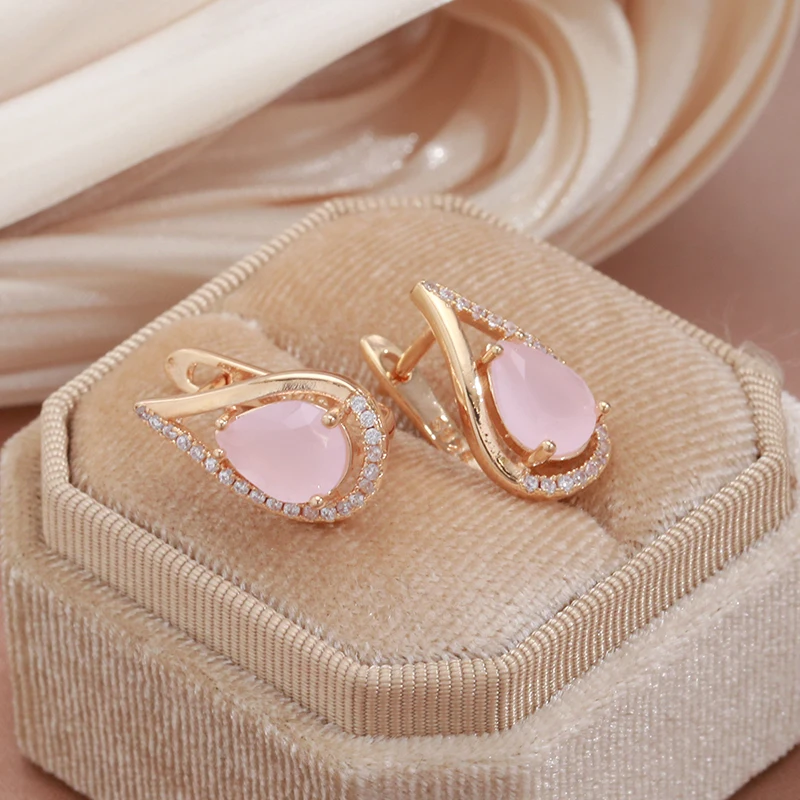SYOUJYO Pink Natural Zircon Water Drop Earrings For Women 585 Rose Gold Color Exquisite Party Jewelry Anniversary Gift