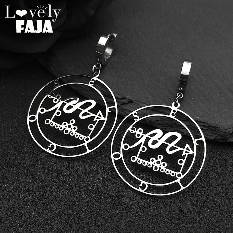 

Stainless Steel Sigeal Sigil De Lucifer Satan Hoop Earrings ELIGOS Lazer Key Baphomet Stamp Dangle Earrings Jewelry Party Gift