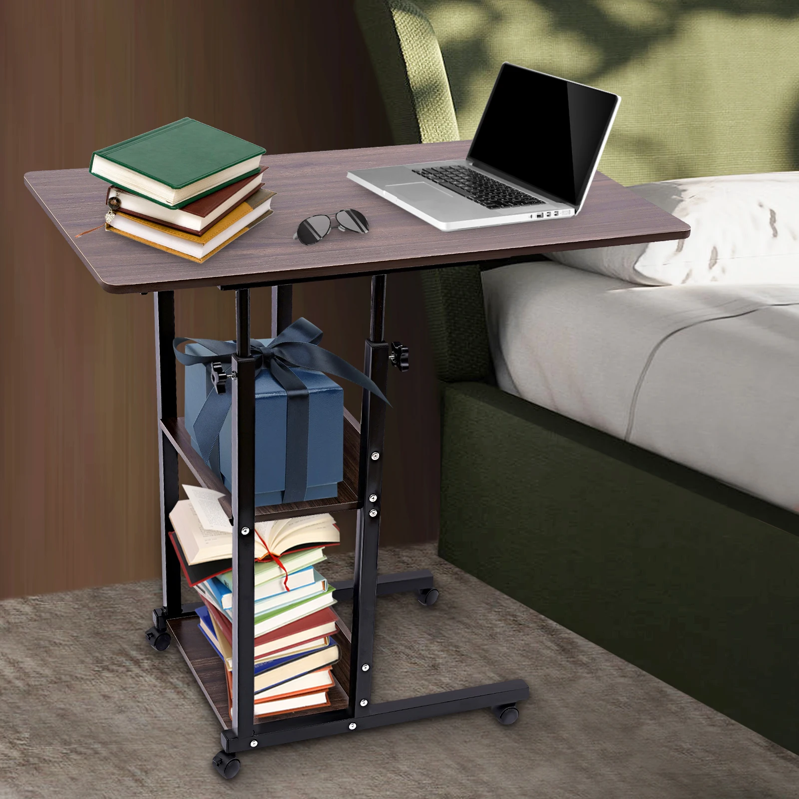 Adjustable C-Shaped Side Table, 3-Tier Mobile Desk with Locking Wheels, 26.8-33.5" Height for Laptop & Bedside Use