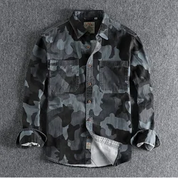 Amekaji Male Cargo Washed Shirt Jacket Canvas Cotton Camouflage Casual Work Safari Style Mens Long Sleeve BUtton DownShirts Top