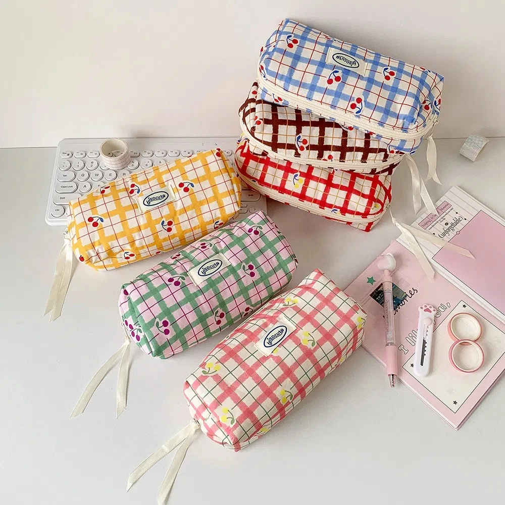 Large Capacity Y2K Cherry Pencil Case Cosmetics Storage Checkered Cartoon Cherry Stationery Storage Bag Zipper Handheld