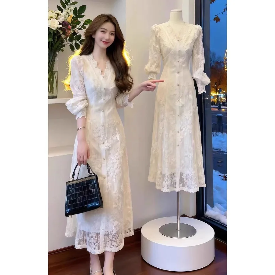 

【New style】velvet base, French temperament socialite collar, long-sleeved dress, autumn lace, beautiful waist length