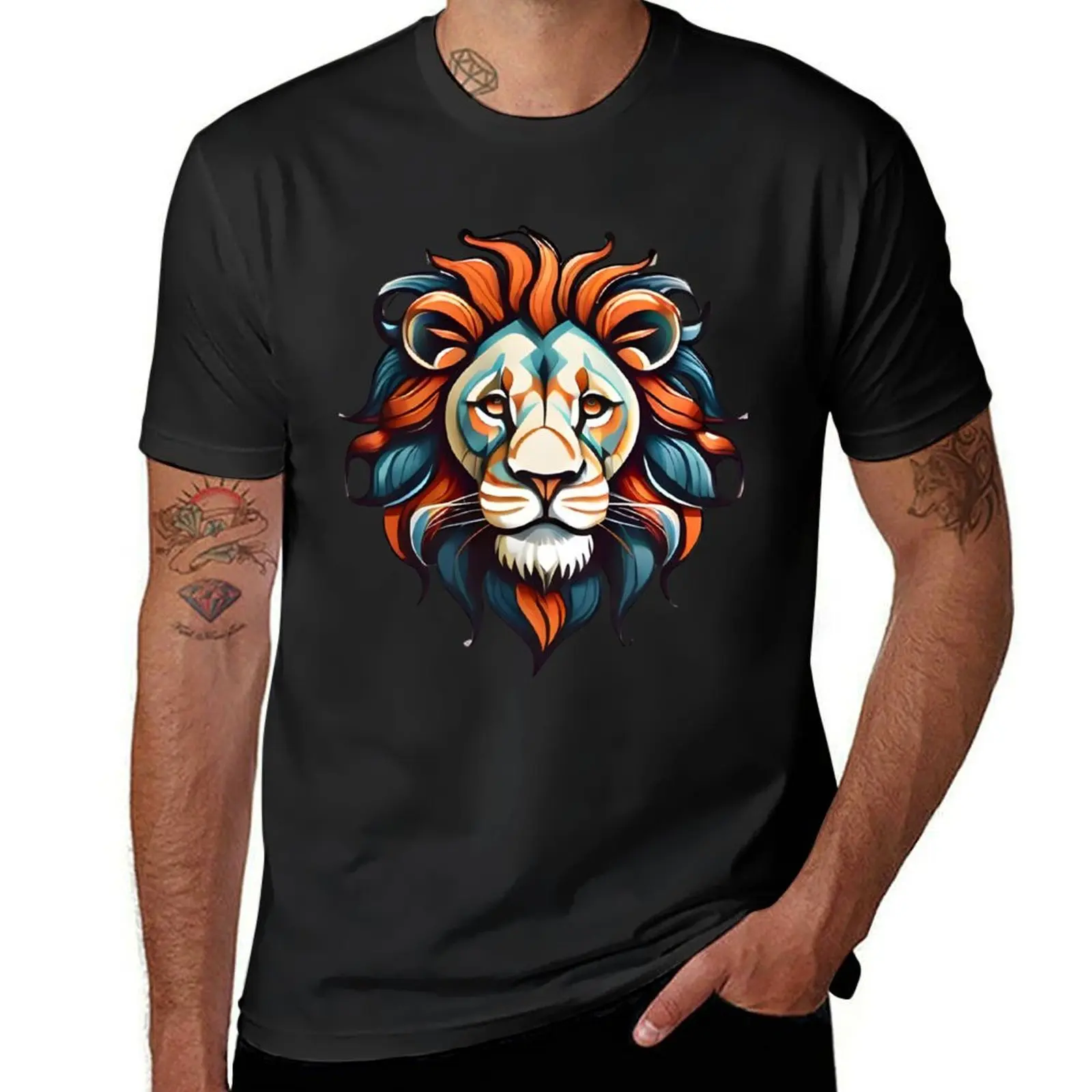 

Colorful Lion Face T-Shirt vintage Aesthetic clothing plain black t shirts men