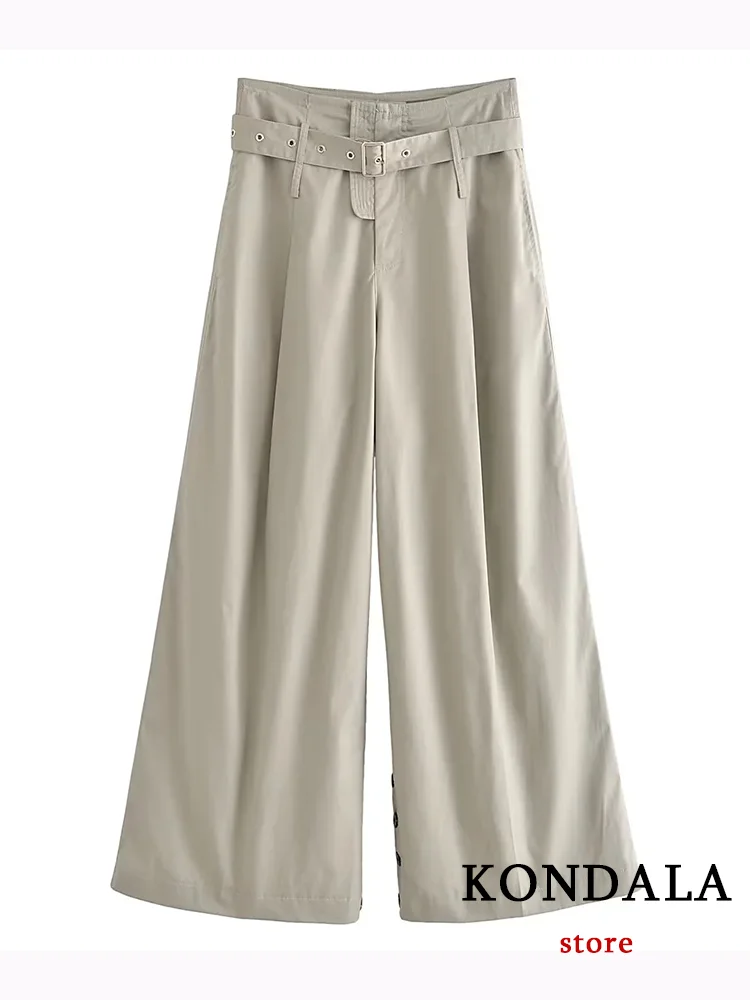 KONDALA Vintage Casual Chic Women Cargo Pants Solid Zipper Pockets Belt  Loose Wide Pants Fashion 2023 Autumn Female Trousers