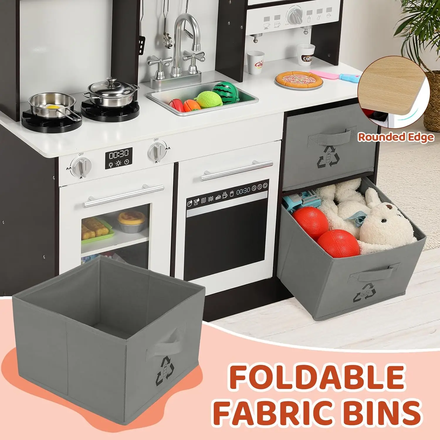 Kinderspeelkeuken, Houten Speelgoedkeuken, Toodler Kookspeelset, Fornuis Met Licht En Geluid, Gootsteen, Magnetron, 2 Stoffen Dozen, D