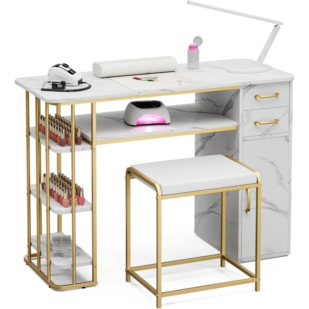 Ensemble table de manucure et tabouret à structure métallique avec rangement pour techniciens d'ongles, comprenant 2 tiroirs et étagères à 3 niveaux, idéal pour Sa