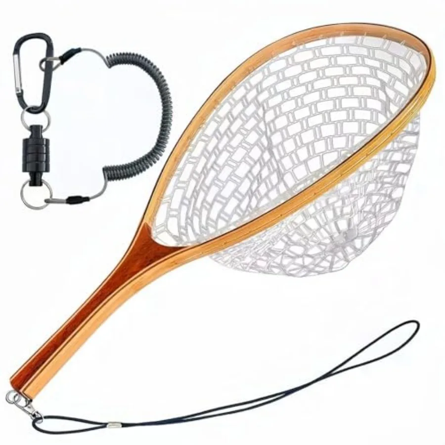 Square Head Fly Fishing Landing Net Trout Soft 23.62in Rubber Catch and Release Fish Net with Wooden Handle Frame Magnetic Fly