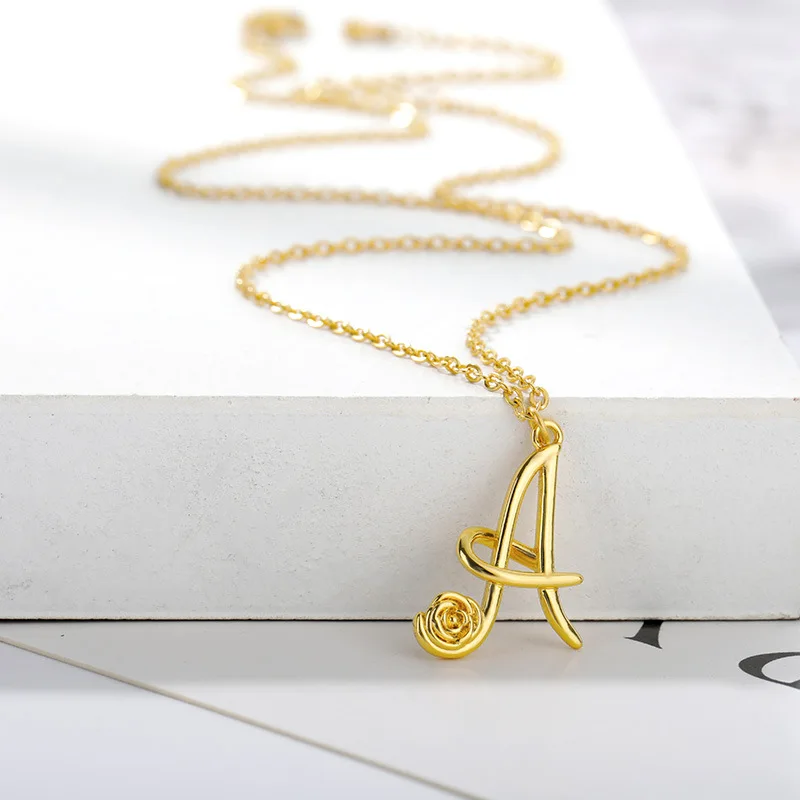 100Pcs New Gold Capital English Letter Necklace Bohemian Style with Rose Pendant Stainless Steel Material for Engagement Gift