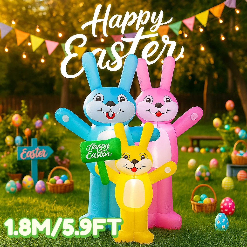 

1.8M/5.9FT Inflatable Toy Easter DIY Decor Holiday Festival The Rabbit Family Decor Holiday Garden Yard LED Light Ornament Gift