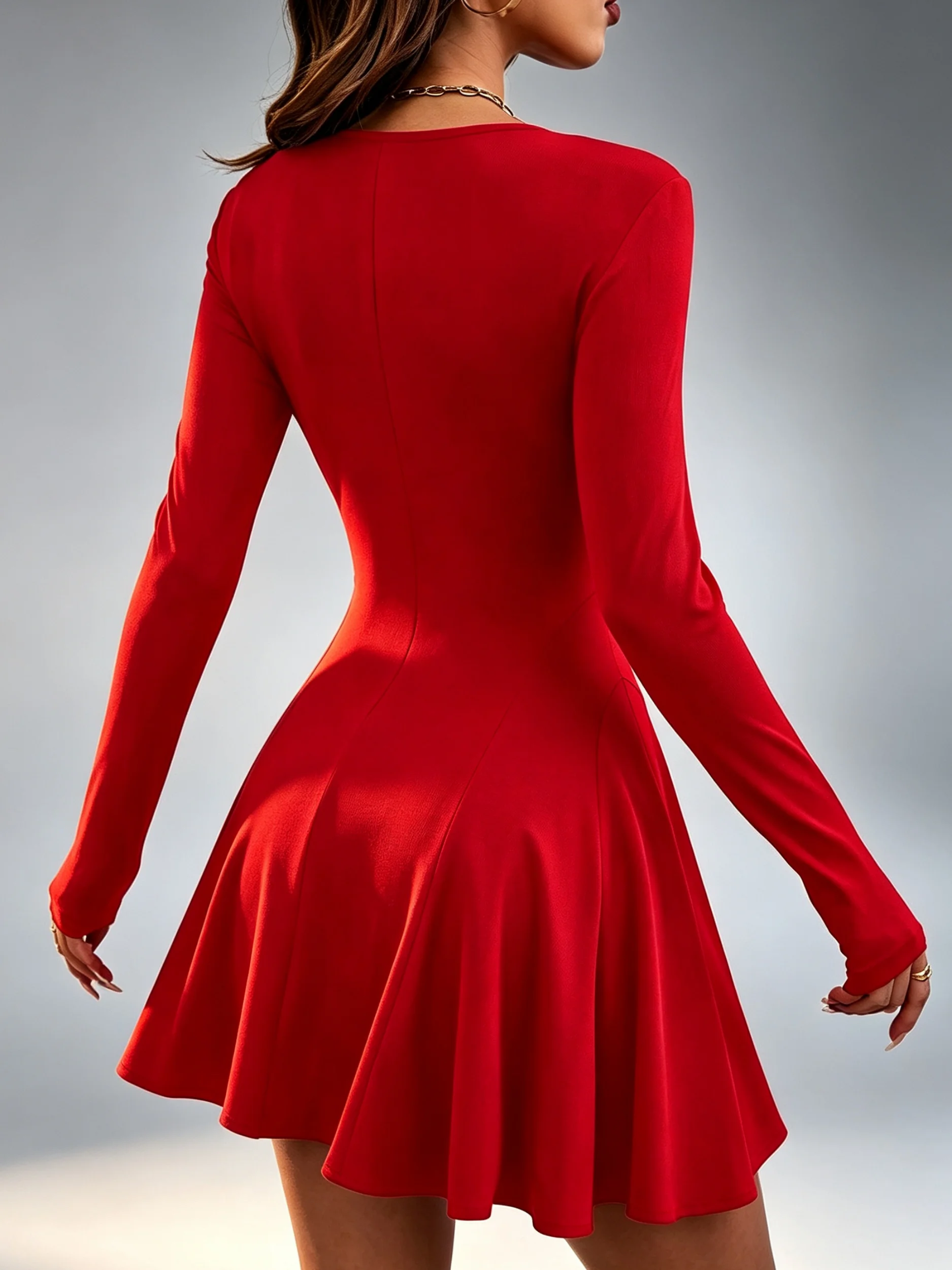 Damen-Minikleid mit Rundhalsausschnitt, langen Ärmeln, A-Linien-Schnitt, geripptem Stoff, schmaler Passform, ausgestelltem Saum, Skater-Schnitt, lässig, für Partys, sexy, im Y2K-Stil, Basic-Kurzkleid. – Detail 11