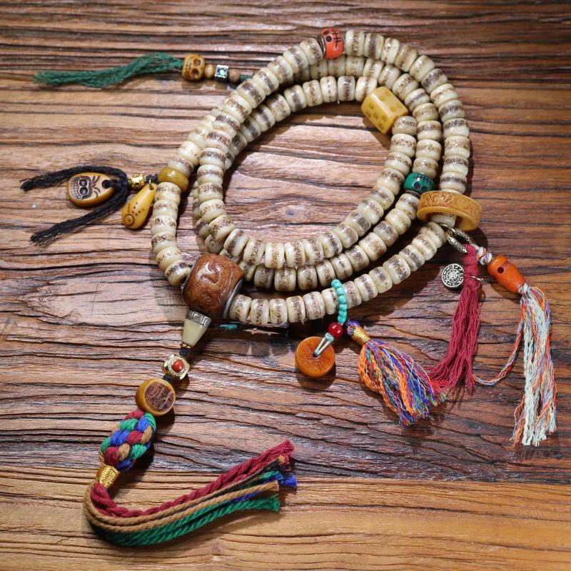 -style cow bone bead multi-loop bracelet necklace, Tibetan 108 Buddhist beads with turquoise and Sher