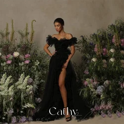 Cathy Elegant Black Side Split Prom Dress 2024 Sexy Off Shoulder A-line Vestidos De Fiesta Black Tulle Puffy Eveing Dress