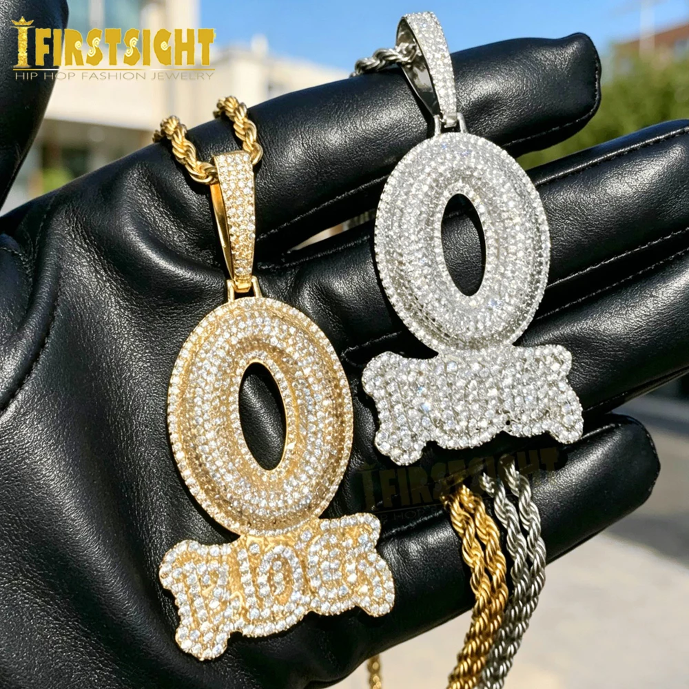 Neue Buchstabe O Block Anhänger Halskette Silberfarben Iced Out Bling CZ Zirkonia Charm Herren Damen Hip Hop Schmuck