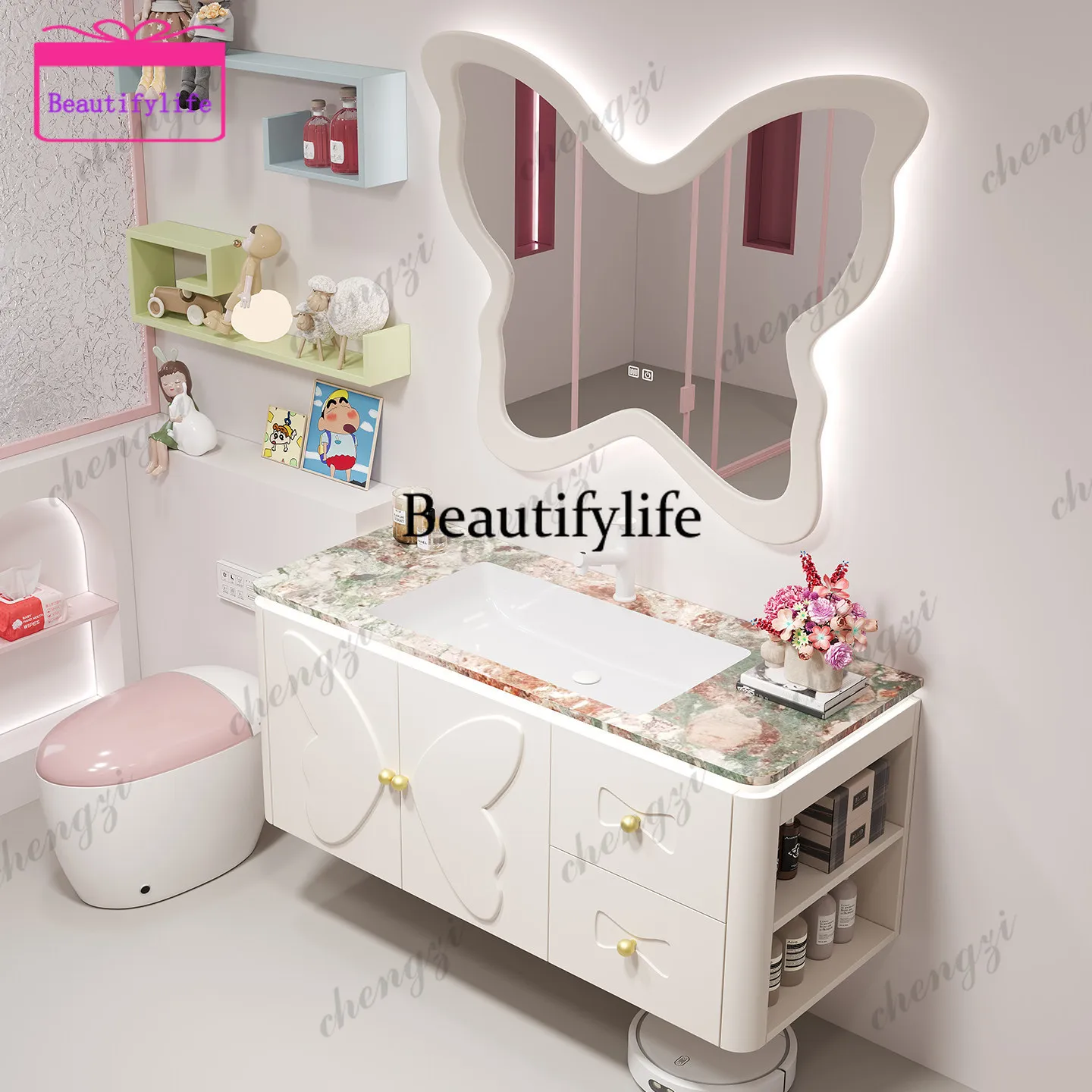 A17 French Pink Oak Bathroom Cabinet Combination Paint with Side Cabinet Toilet Wash Table