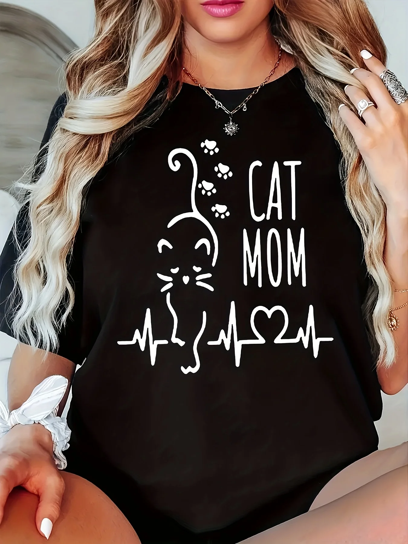 Damska koszulka codzienna z geometrycznym nadrukiem kota, z okrągłym dekoltem, elastycznymi rękawami, letnia odzież.