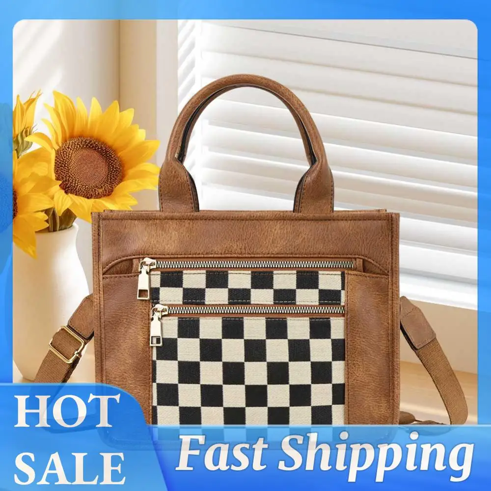 

Women Canvas Checkered Tote Bag Daily Commuting Bag Chic Hobo Bag (Brown)