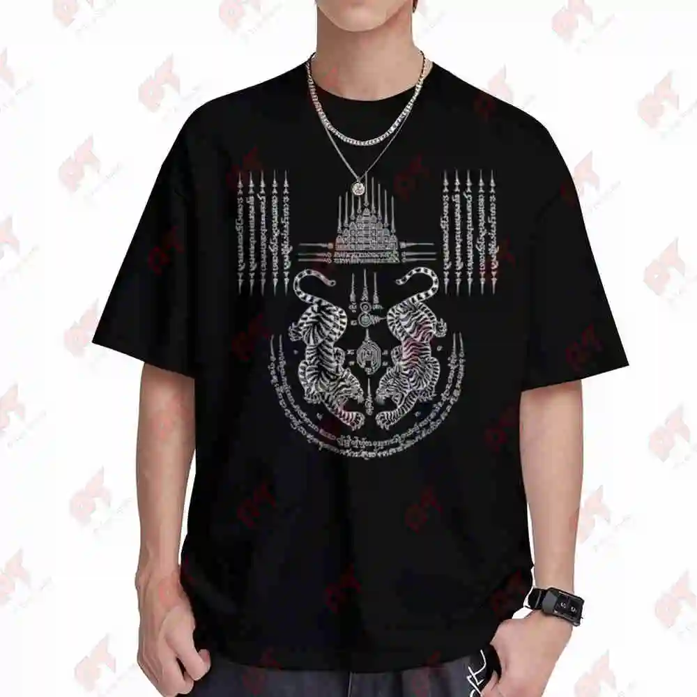 Thai Sak Yant Magisches Muay Thailand Twin Tiger Tattoo Kurzarm-T-Shirt 100% Baumwolle T-Shirt