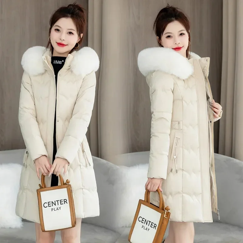 

New Winter Coat Women's Jacket Fur Neckline Long Basic Coats Thick Jackets Cotton Padded Outerwear Parkas Clothes JJ357