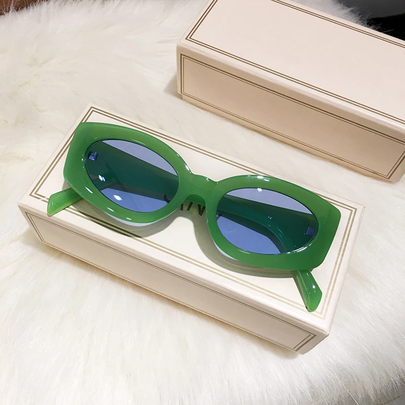 LAURINNY Trend New Green Rectangle Sunglasses Women Brand Designer Retro Blue Oval Frame Shades Sun Glasses Female Lens UV400