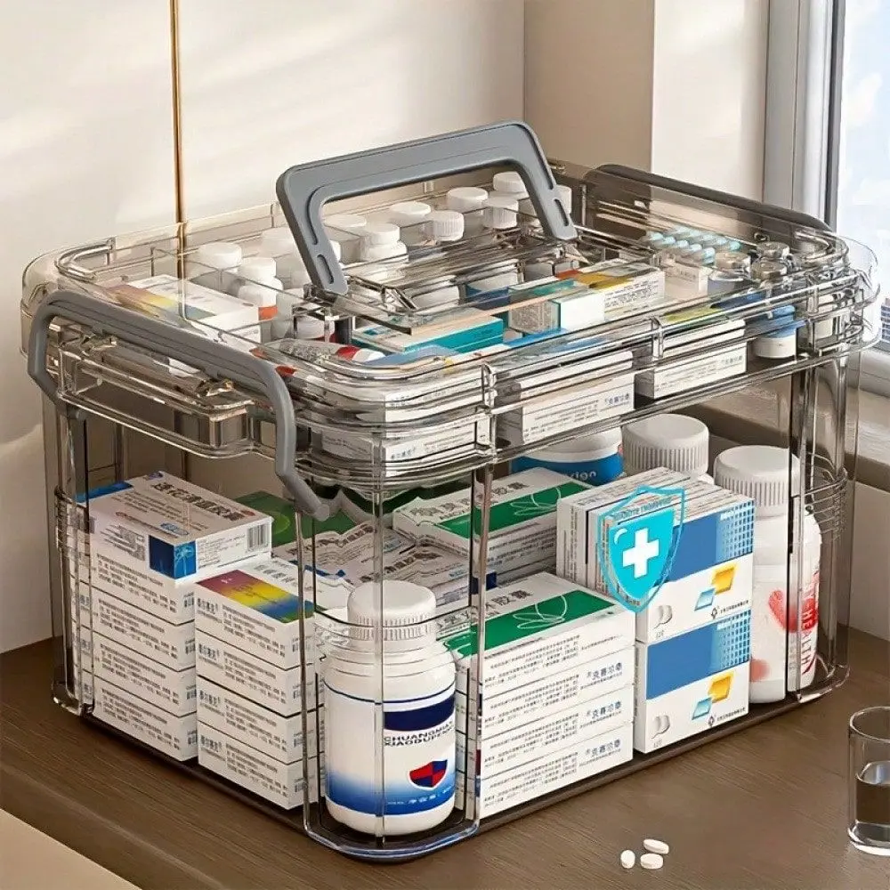 Waterproof DoubleLayer Medicine Storage Box Transparent And MultiLayered, Ideal For Home And Bedroom First Aid Supplies, Travel