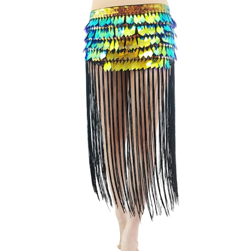 

Belly Dance Sequins Skirt with Fringe Tassels Adjustable Waist Chain Hip Scarf N7YF