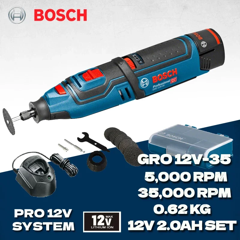 Электрическая мини-дрель Bosch GRO 12V-35, беспроводной роторный инструмент, мини-гравировочная шлифовальная полировальная машина, перезаряжаемая