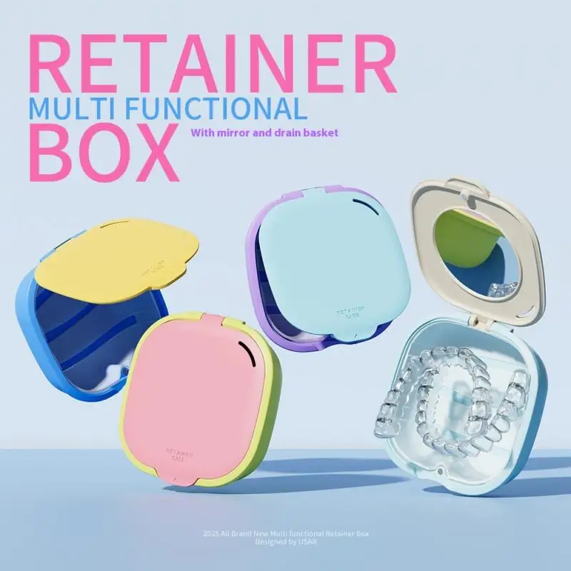 

Retainer Case With Drain Basket Portable Mouth Guard Box Oral Cleaning False Teeth Denture Storage Box Teeth Aligner Braces Box