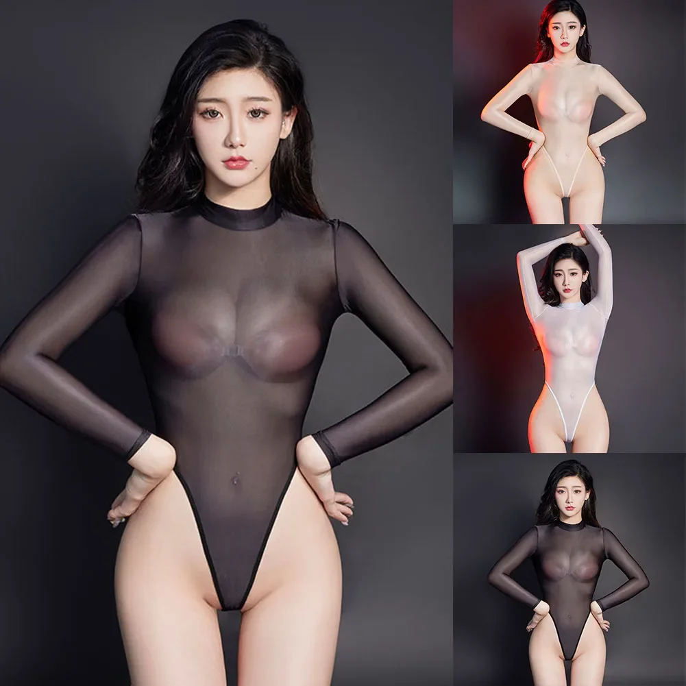 Sexy Women Bodysuit Oil Shiny Bodycon Nightwear Ultra-thin Sheer See-Through Lingerie High Cut Teddy Thong Seduction Erotic Wear