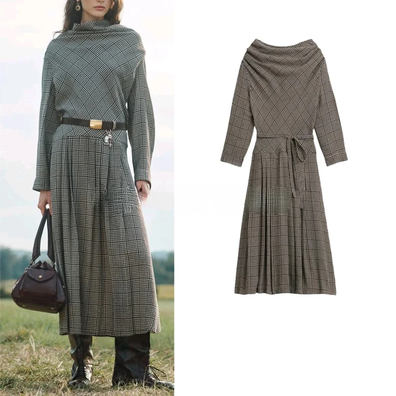 Inverno novo plus size feminino dr com cinto férias sle plissado em camadas bainha xadrez longo dr cintura alta poliéster longo sve