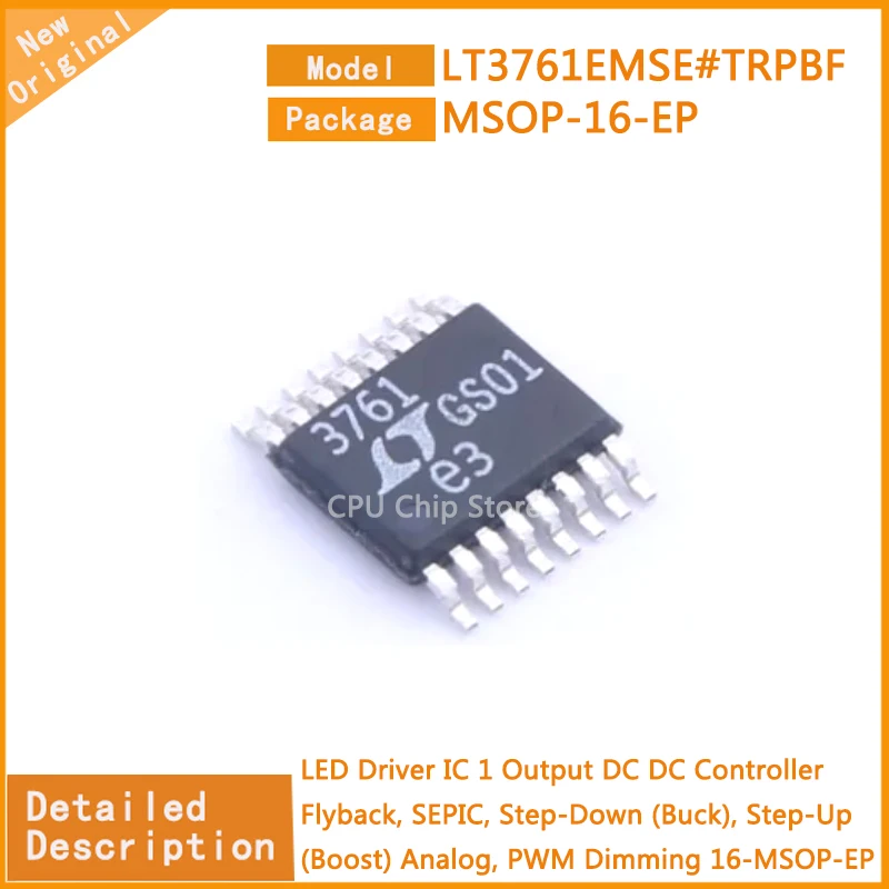 5Pcs/Lot New Original   LT3761EMSE#TRPBF  LT3761EMSE  LED Driver IC 1 Output DC DC Controller  PWM Dimming 16-MSOP-EP