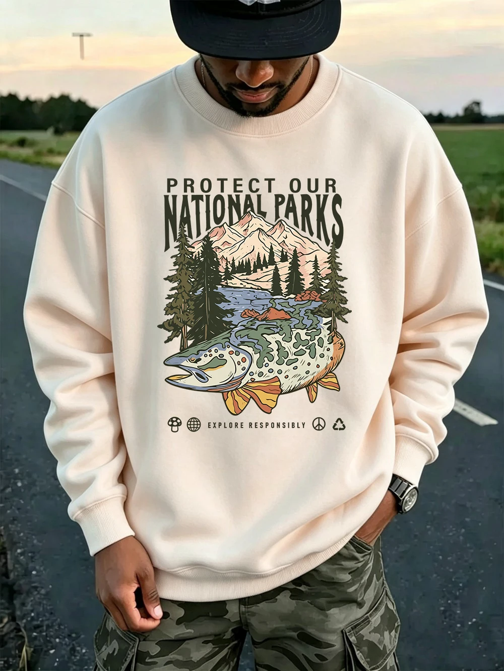 Protect Our National Parks Trout Sweatshirt Mens Sporty Crewneck Hoodies Fleece Warm Loose Streetwear Autumn Jogging Clothes