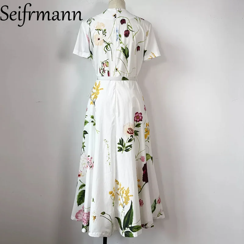 Seifrmann Casual printed cotton dress round neck short sleeve belt waist mid-length dress 2026 summer fashion new style