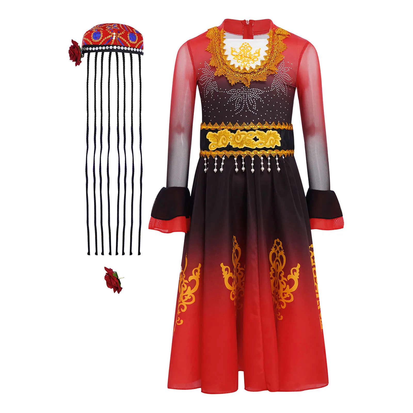 

Детские костюмы для бальных и этнических танцев для девочек: платье с длинными рукавами, стразами и принтом, с поясом и шляпой, для карнавальных вечеринок