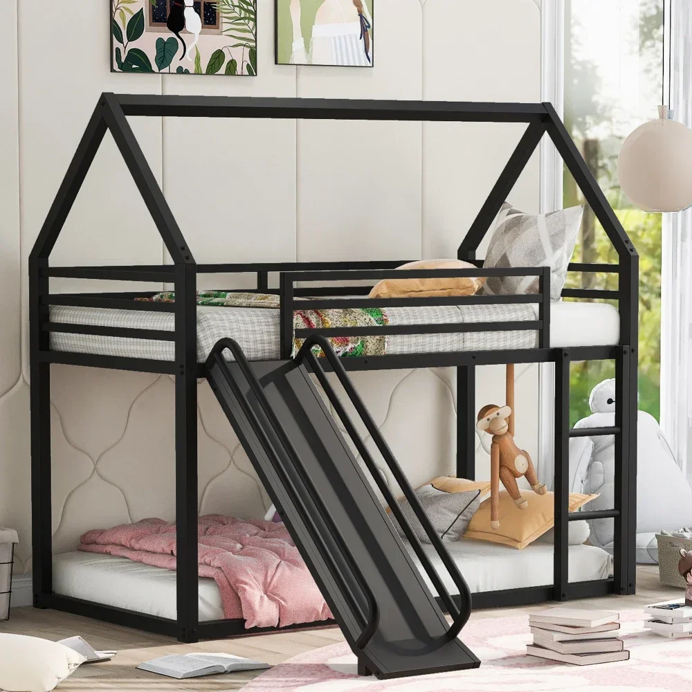 Children Beds Twin Over Twin House Bunk Beds Ladder and Slide,Children Furniture White Toddler Bed Kids Furniture Children's Bed