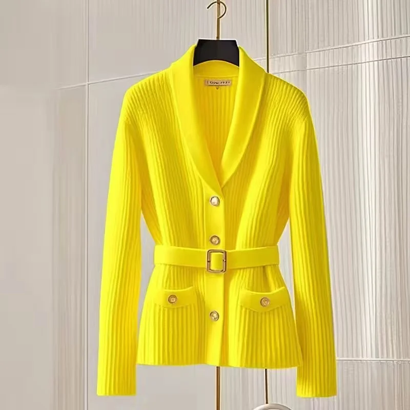 Women‘s Fashion Knitted Cardigan Sweater 2025 NEW Spring Autumn Top Coat Pocket V Collar Knitwear Match Belt Jacket Female